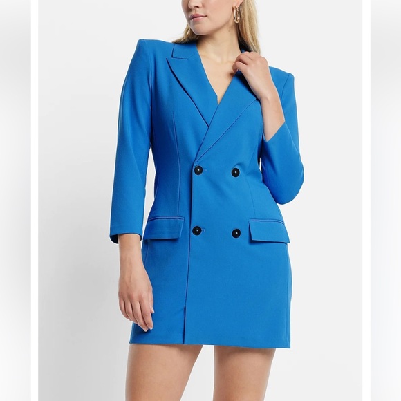 Express Peak Lapel Double Breasted Padded Shoulder Mini Blazer Dress High Sky 8 - Picture 5 of 13